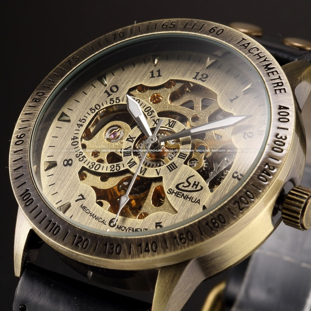 Shenhua brand Vintage Bronze Automatic Skeleton Mechanical watches Men