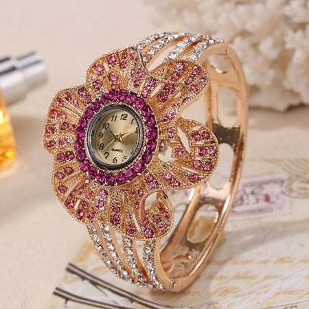 Gold Color Wrist Watch Women Flower Shape Jewelry Bracelet Watches Crystal Ladies