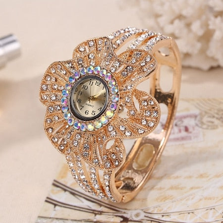 Gold Color Wrist Watch Women Flower Shape Jewelry Bracelet Watches Crystal Ladies